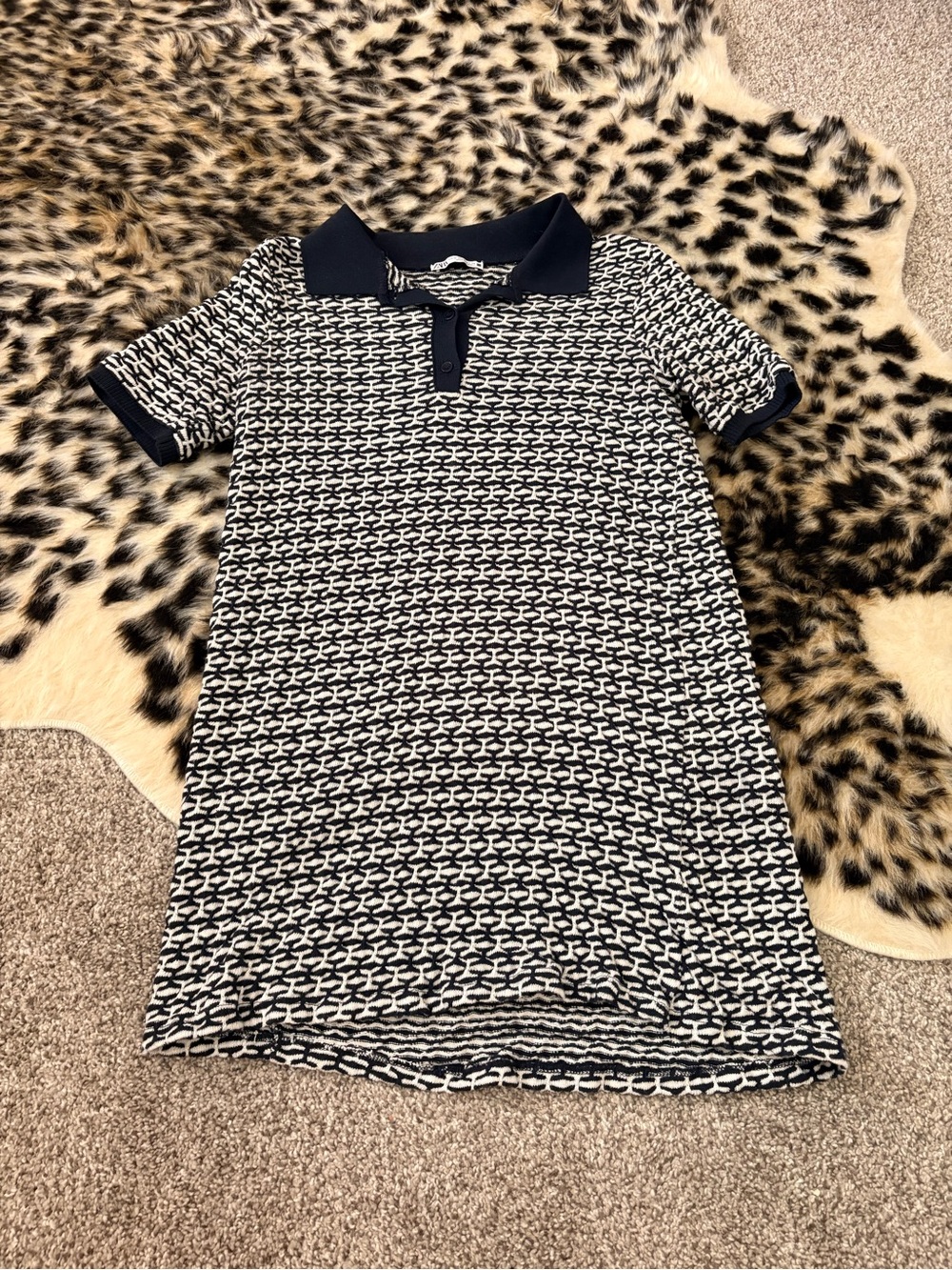 Zara Navy and White Striped Knit Polo Dress